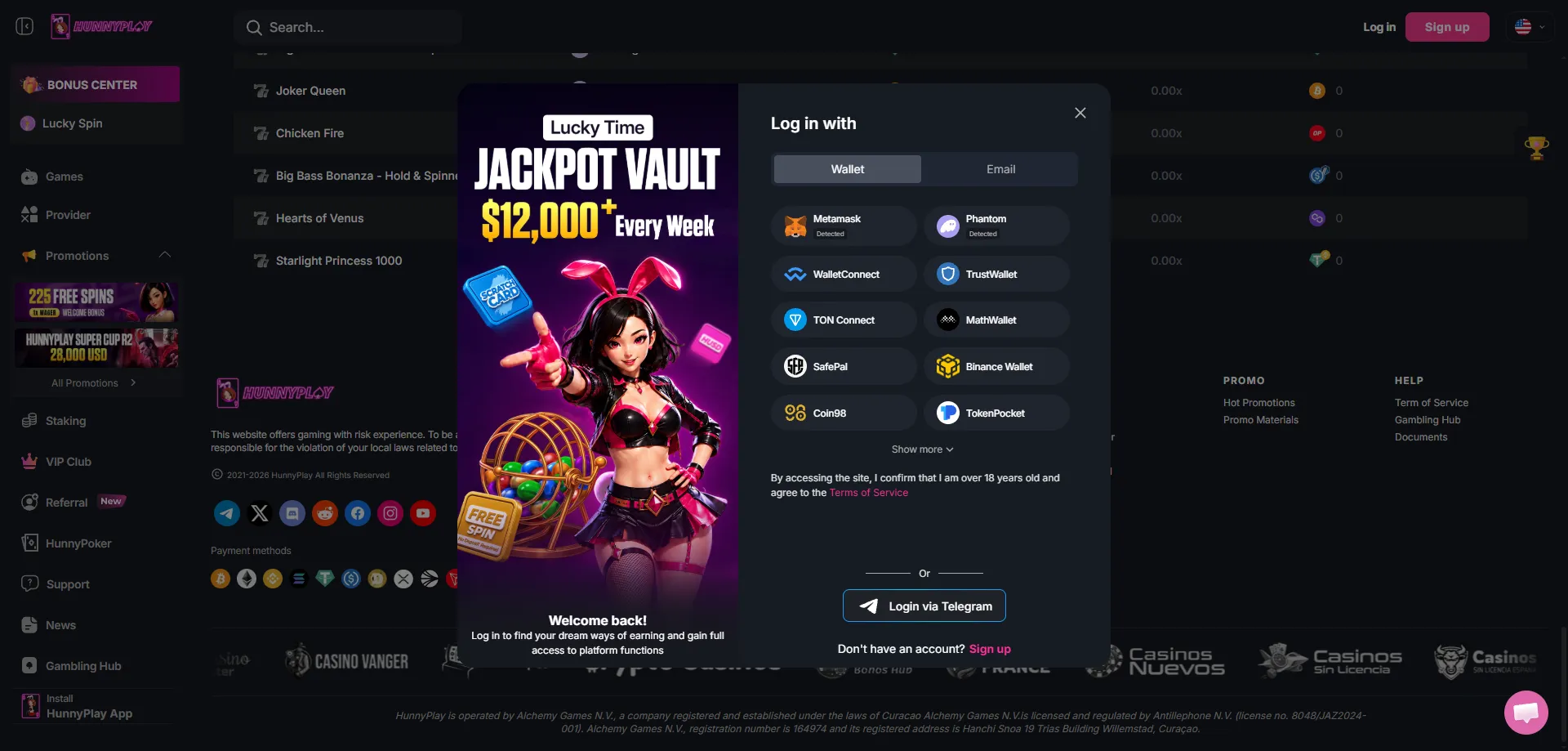 Hunnyplay casino login page — access your account securely