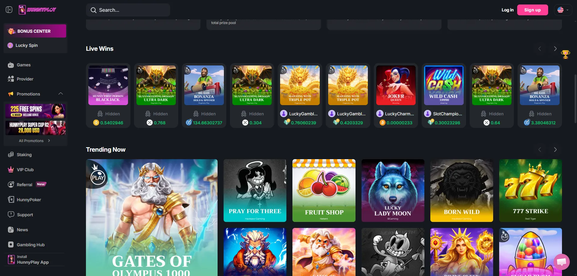 Online slots and casino games library at Hunnyplay Casino