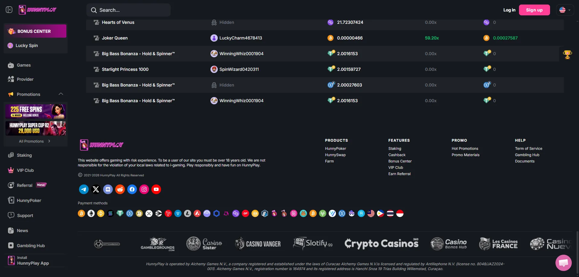 Hunnyplay Casino payment methods — crypto deposits and withdrawals